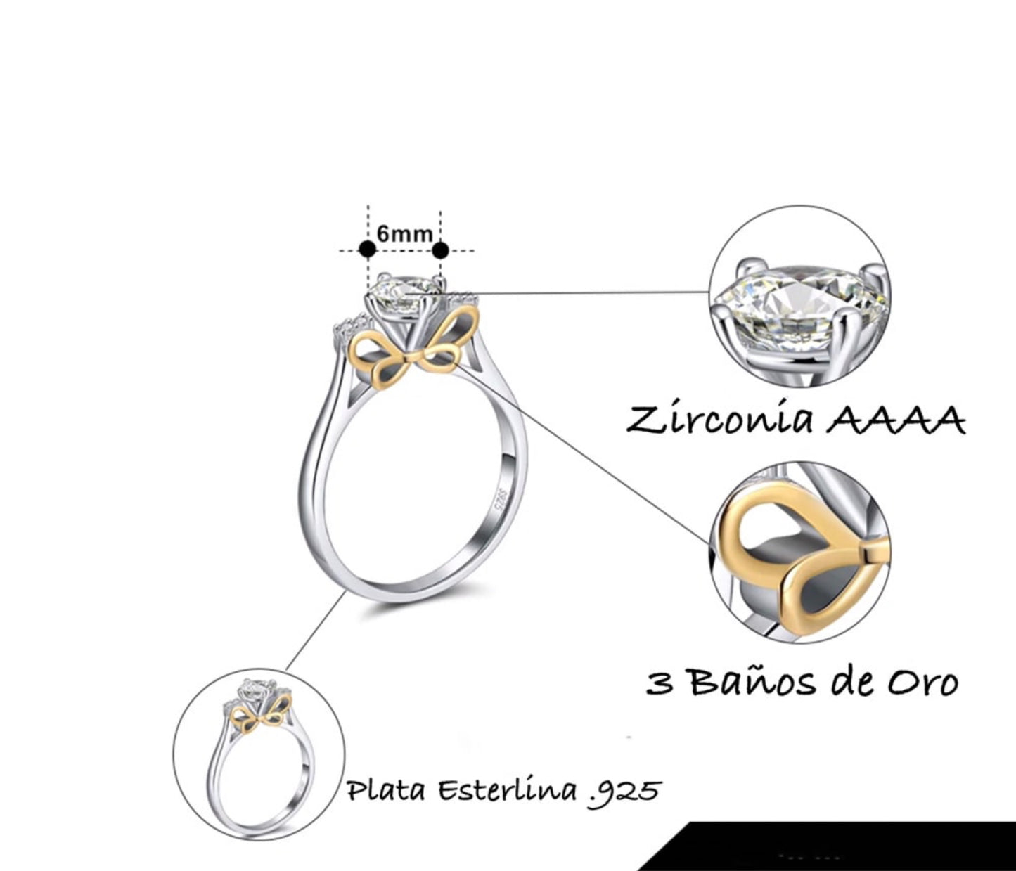 Anillo de Plata 925 con Moño bañado en Oro de 14k