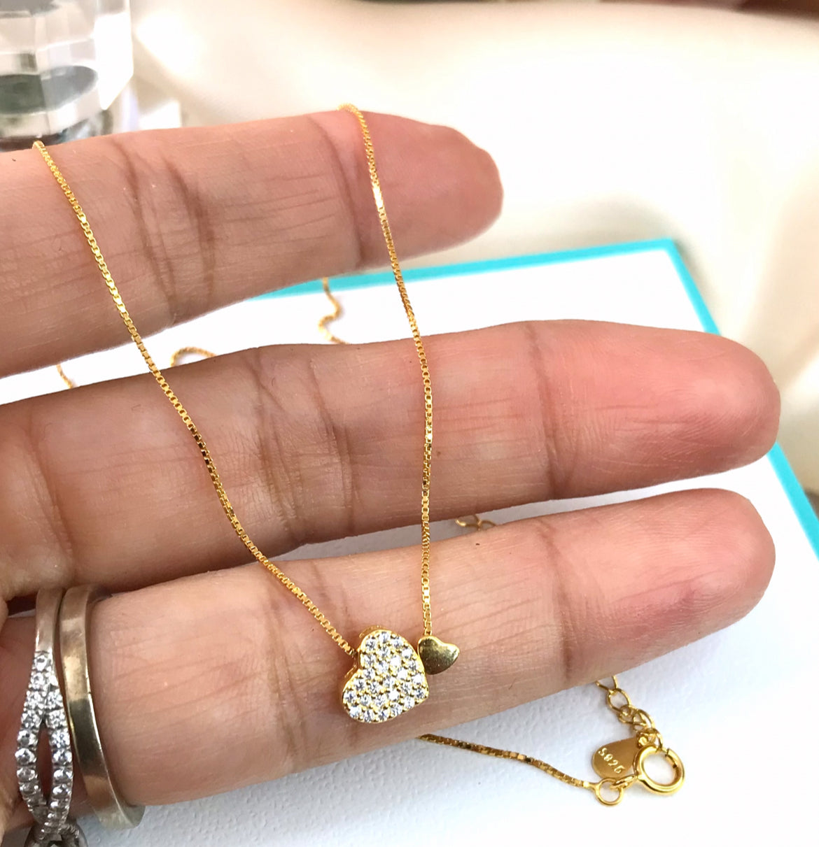 Collar de Plata 925 bañado en Oro de 14k y Zirconias, modelo Corazón Doble