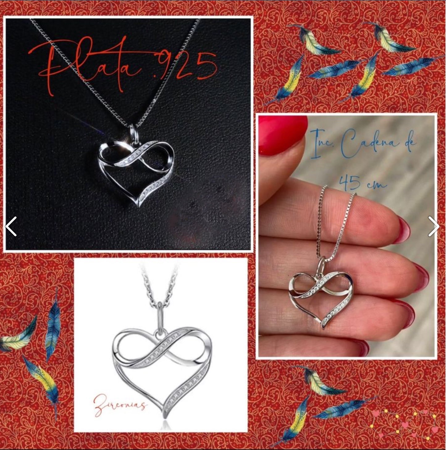 Dije y Cadena de Plata 925 con Zirconias, Modelo Corazón Infinito