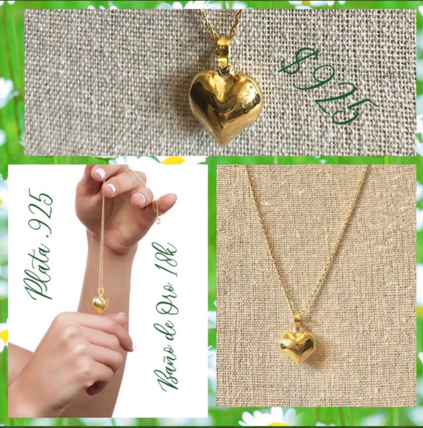 Cade y Dije de Plata 925, bañados en Oro de 18k, modelo Corazón Inflado