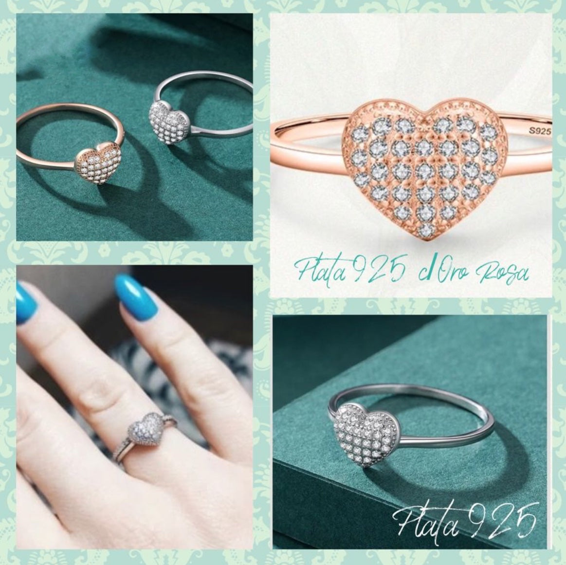 Anillo de Plata 925 con Baño de Oro Rosa y Zirconias modelo Cojín - Corazón