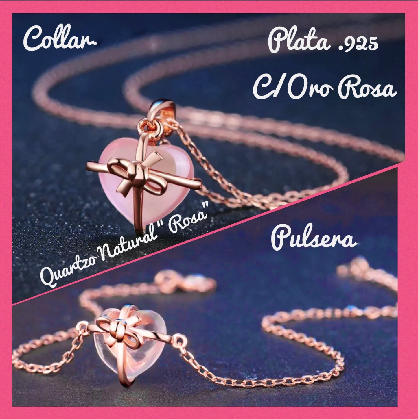 Pulsera de Plata 925 bañada con Oro Rosa, Cuarzo Rosa Natural