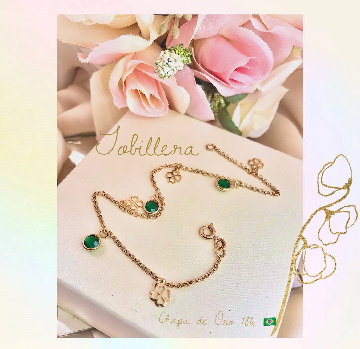 Tobillera en Chapa de Oro 18 con Cristales Verde, modelo Trebol