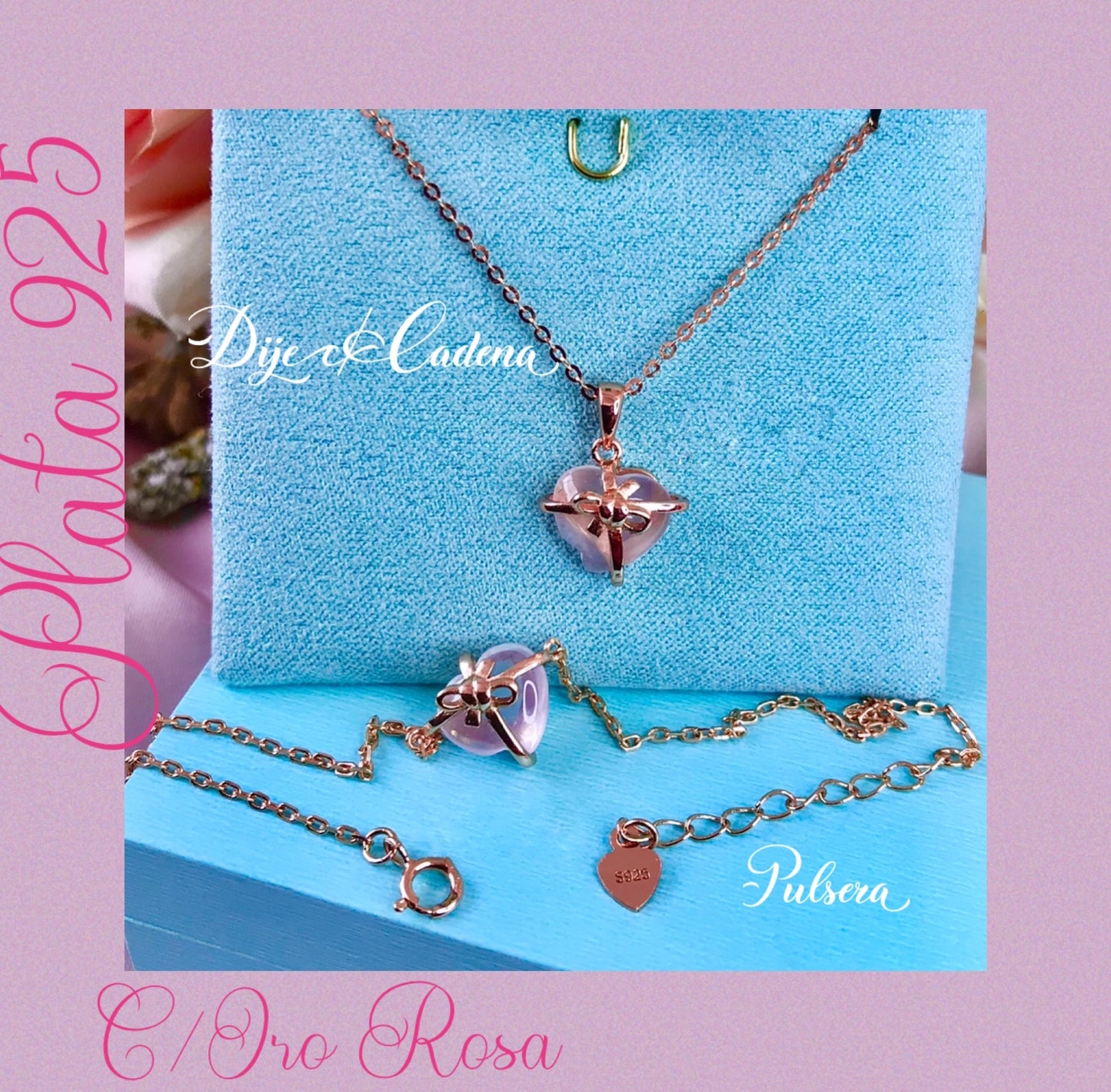 Pulsera de Plata 925 bañada con Oro Rosa, Cuarzo Rosa Natural