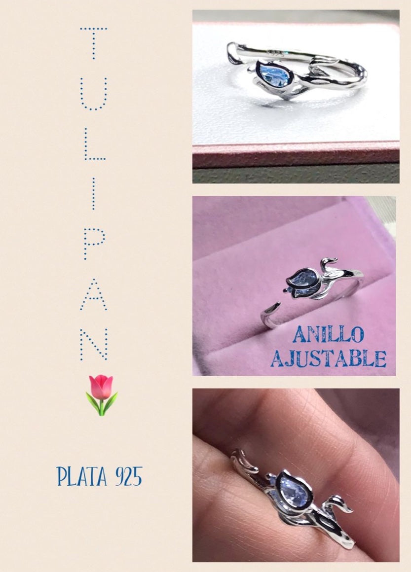 Anillo de Plata 925, Ajustable al Dedo, Modelo Tulipán