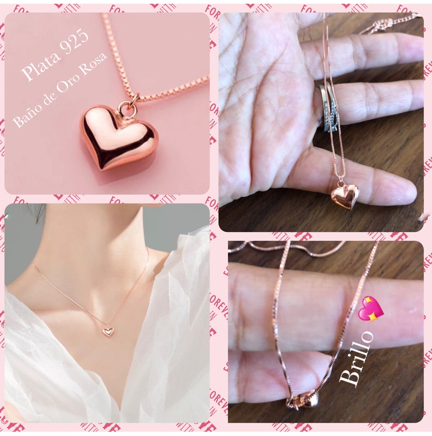Dije con Cadena de Plata 925 bañados con Oro Rosa, modelo Corazón