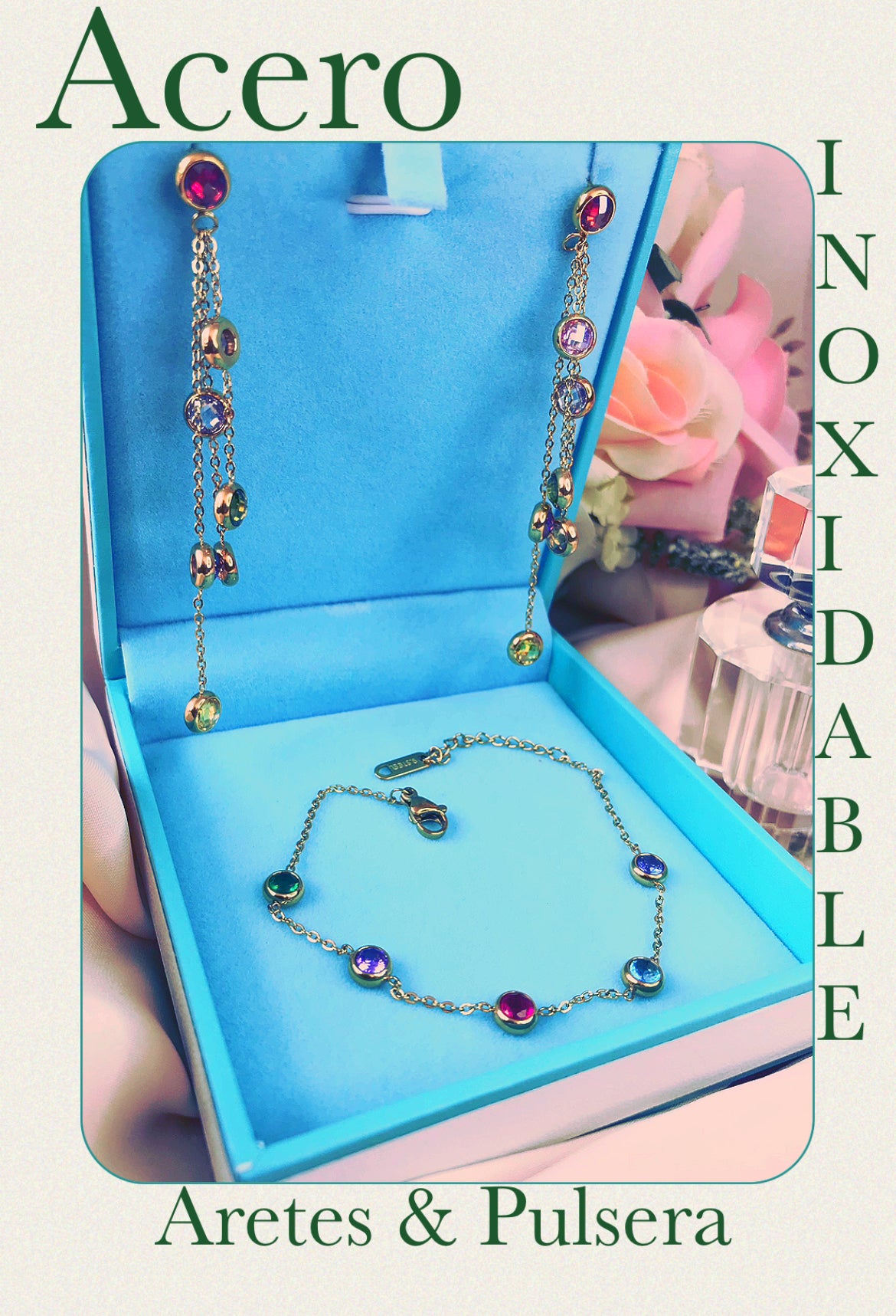 Juego de Aretes y Pulsera de Acero Inoxidable con Zirconias Multi Coloridas