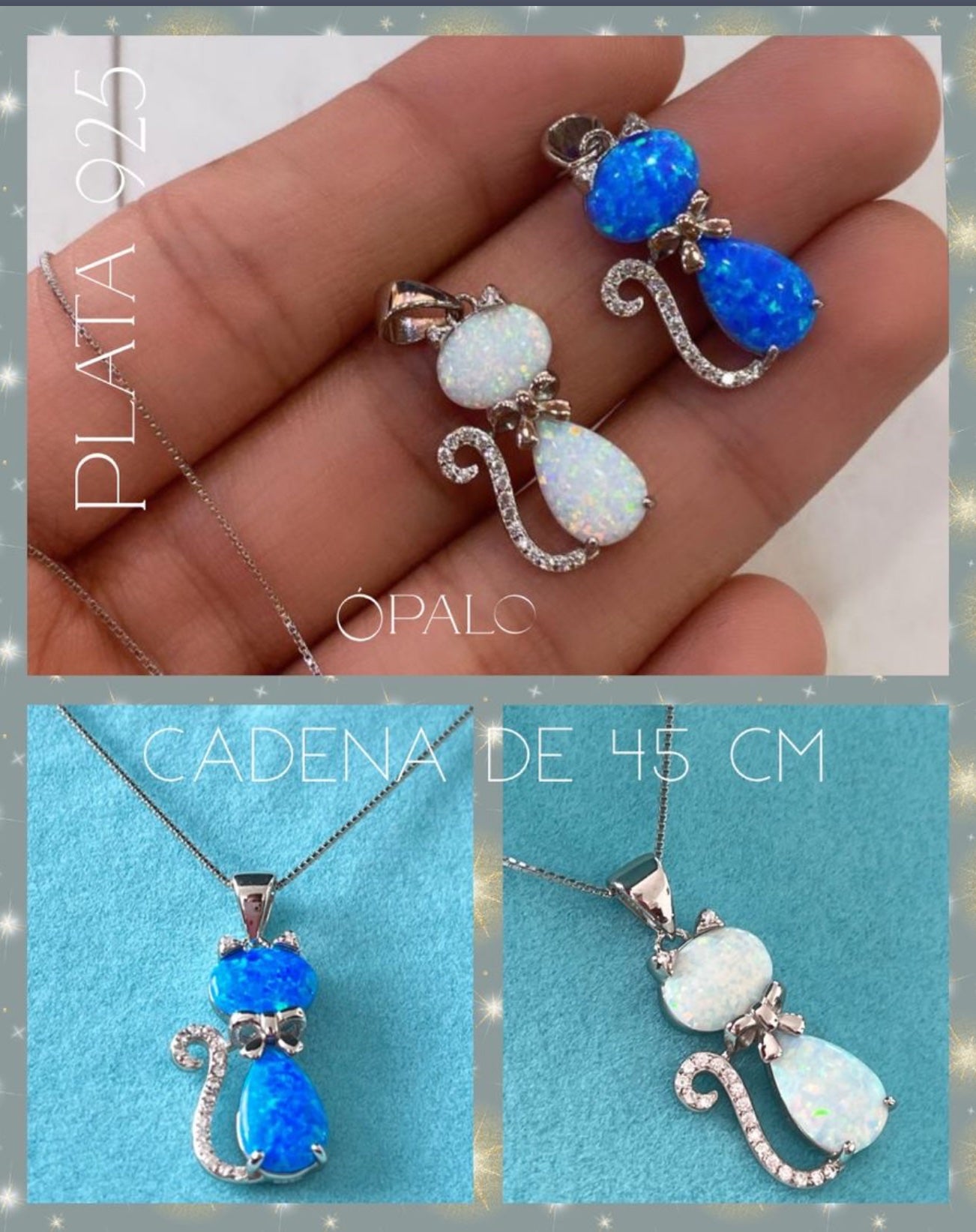 Dije y Cadena de Plata 925 con Opalo y Zirconia