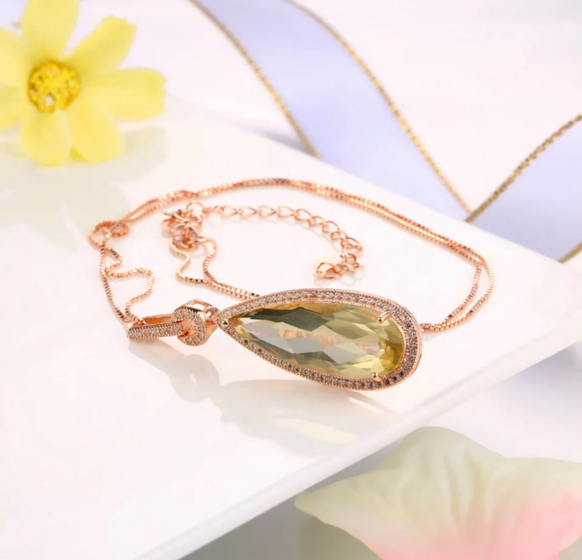 Cadena de Plata 925 y Dije con Citrino, Bañados en Oro Rosa