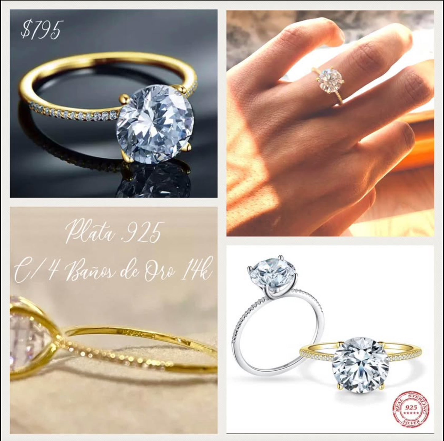 Anillo Solitario de Plata 925, Bañada en Oro de 14k