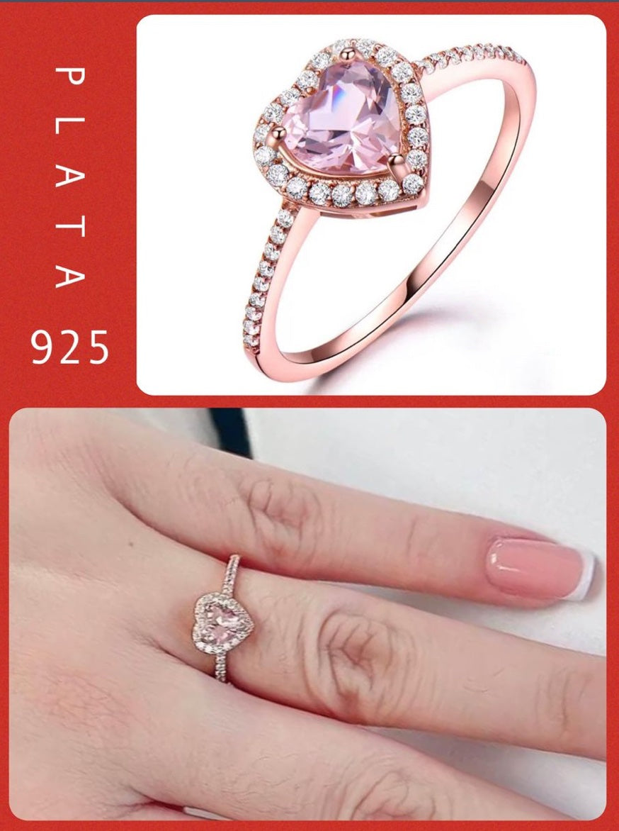 Anillo de Plata 925 con Oro Rosa y Nano Morganita modelo Corazón