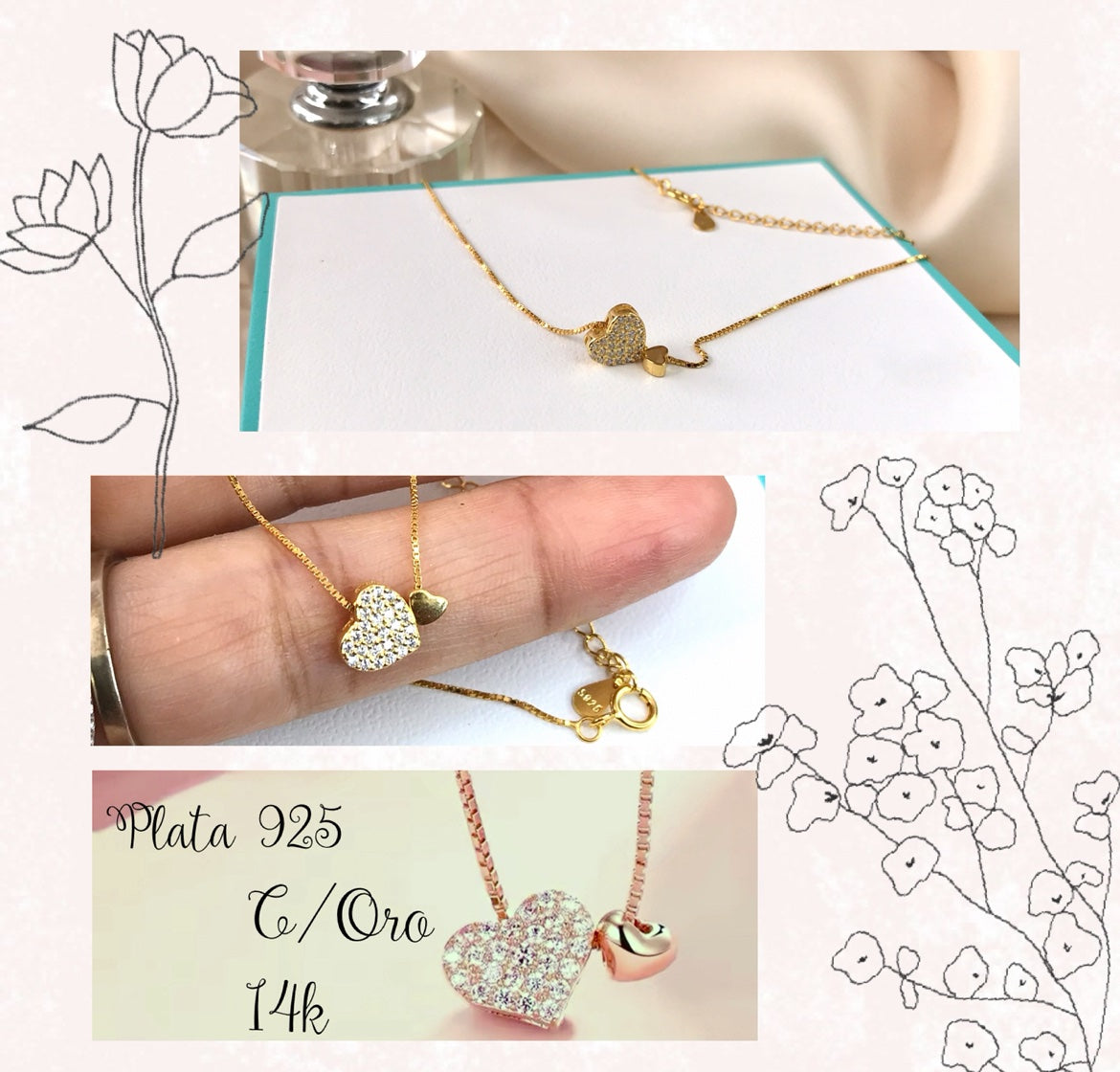 Collar de Plata 925 bañado en Oro de 14k y Zirconias, modelo Corazón Doble
