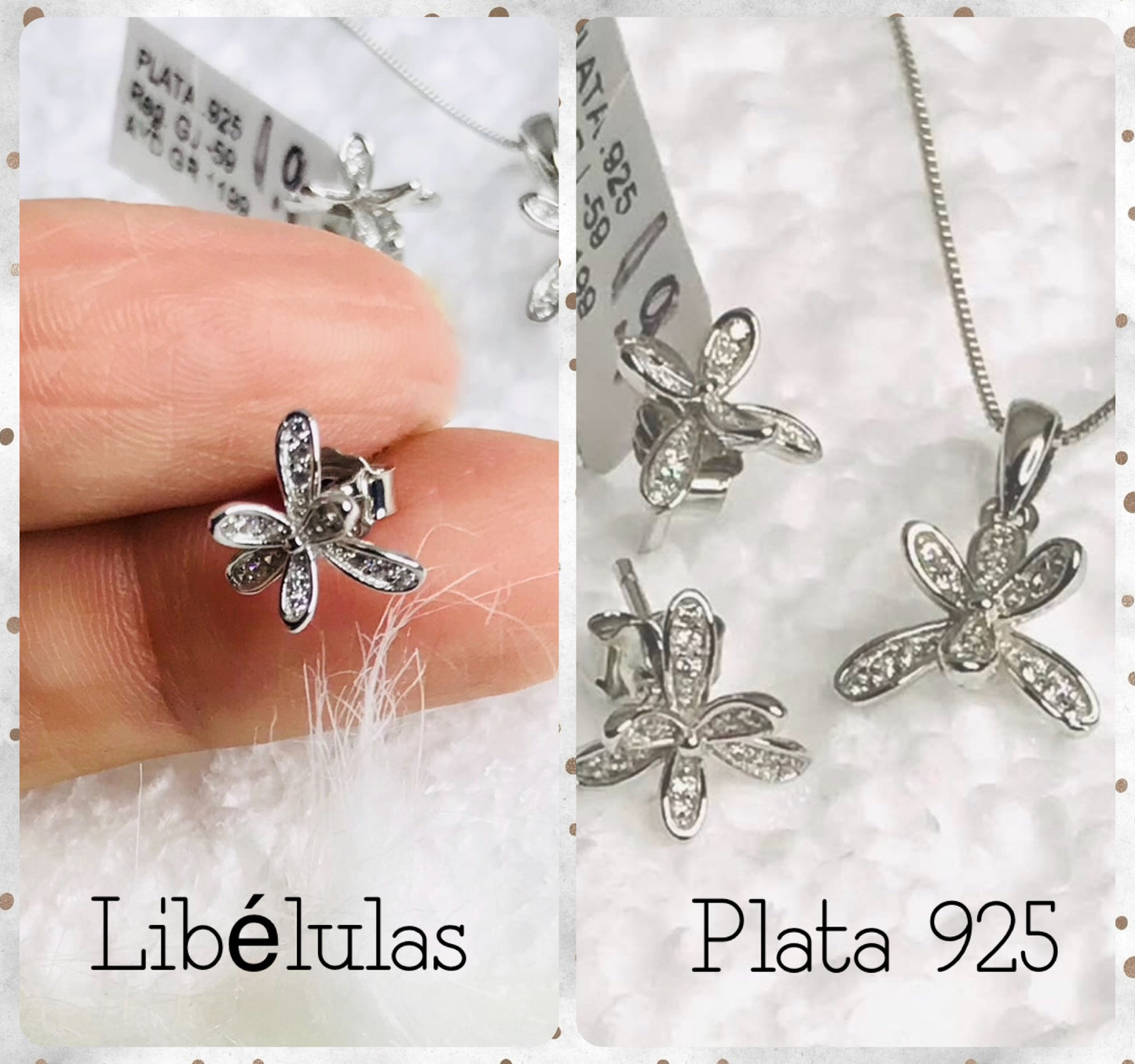 Juego de Cadena, Dije, y Aretes de Plata 925 con Zirconias, modelo Libélulas