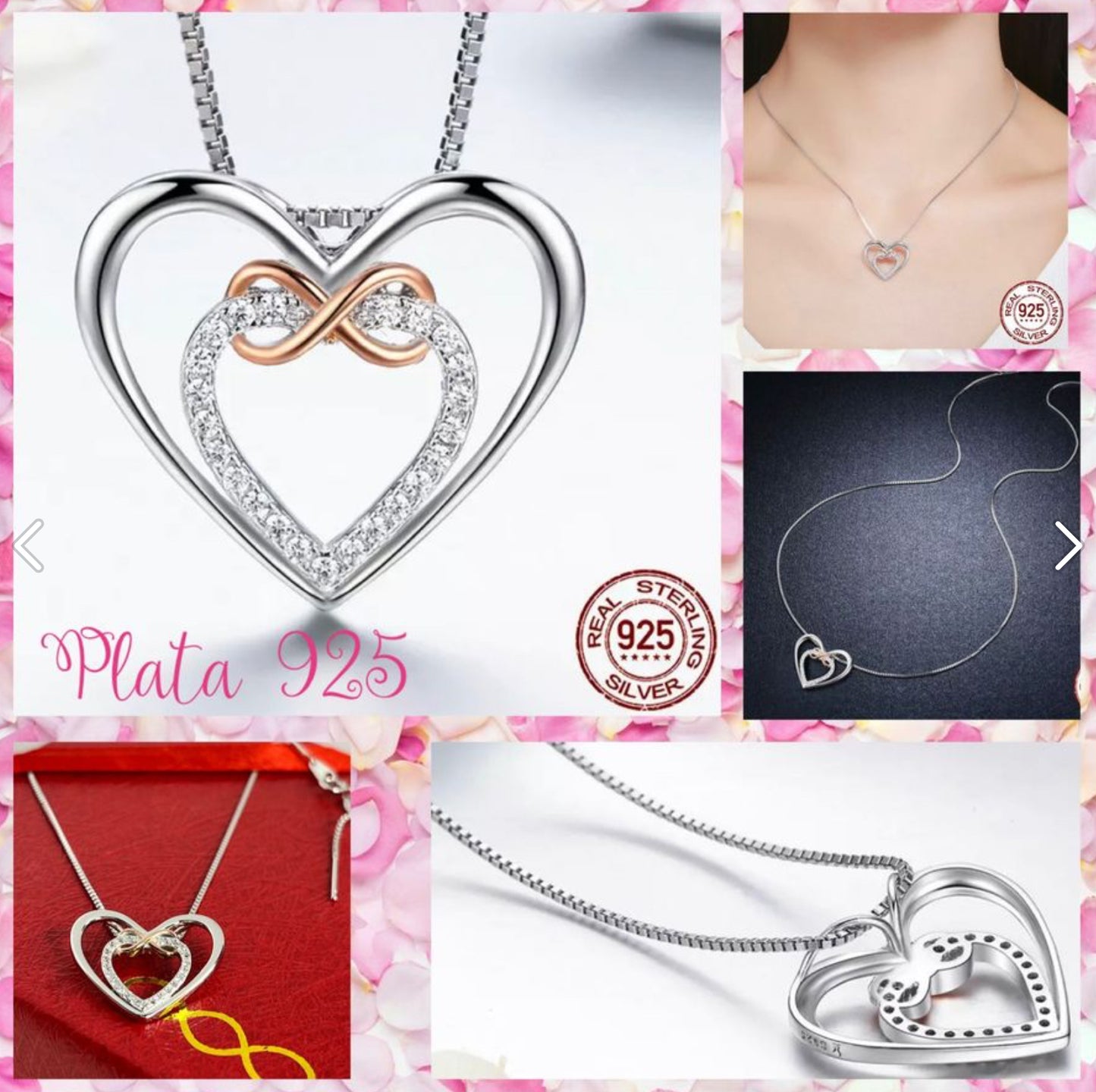 Dije y Cadena de Plata 925, con baño de Oro Rosa y Zirconias, modelo Corazón Infinito