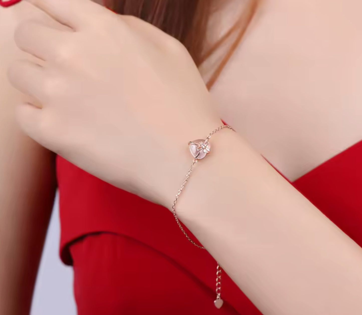 Pulsera de Plata 925 bañada con Oro Rosa, Cuarzo Rosa Natural