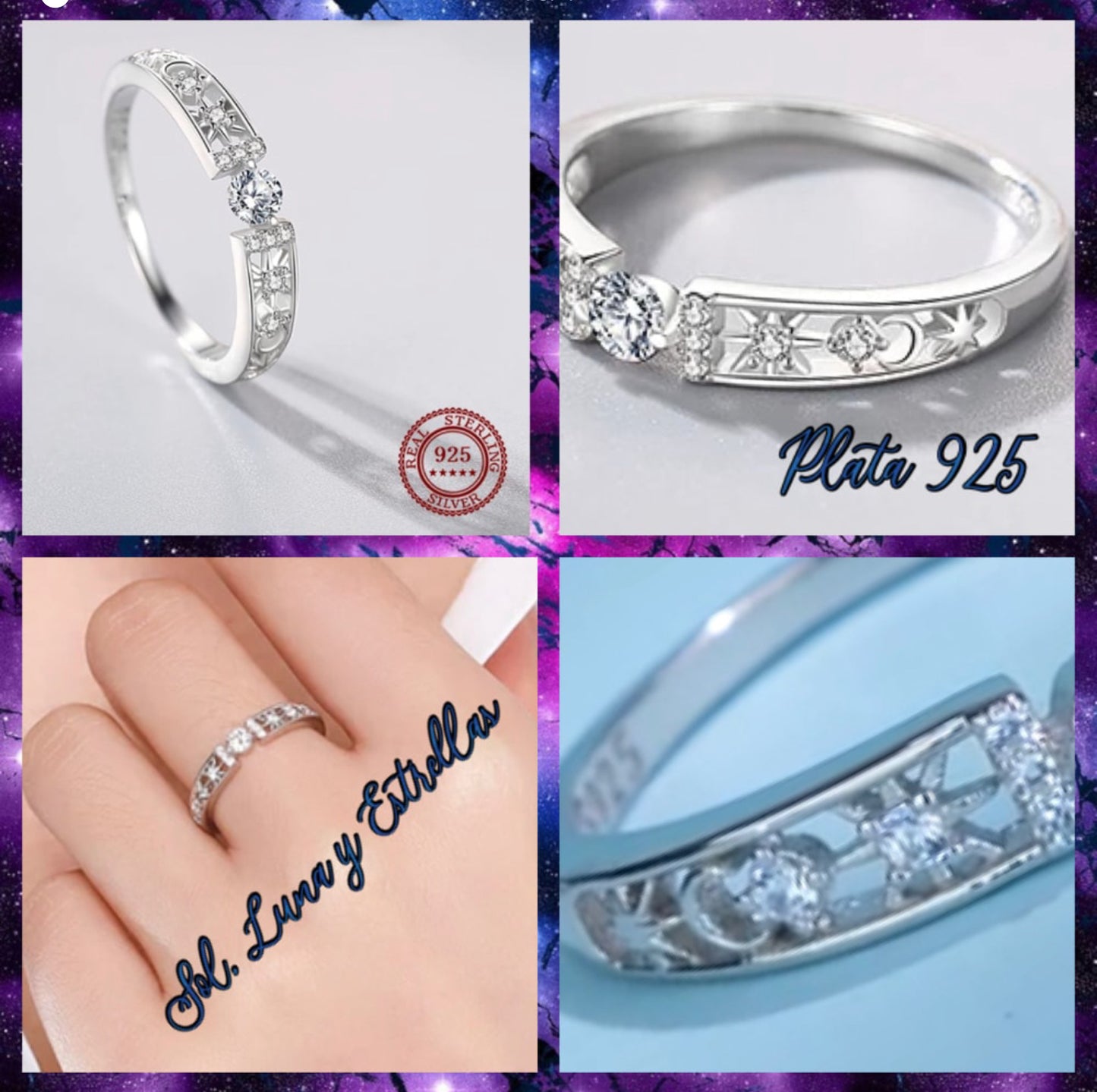 Argolla de Plata 925, con Zirconias, modelo Sol Luna y Estrellas