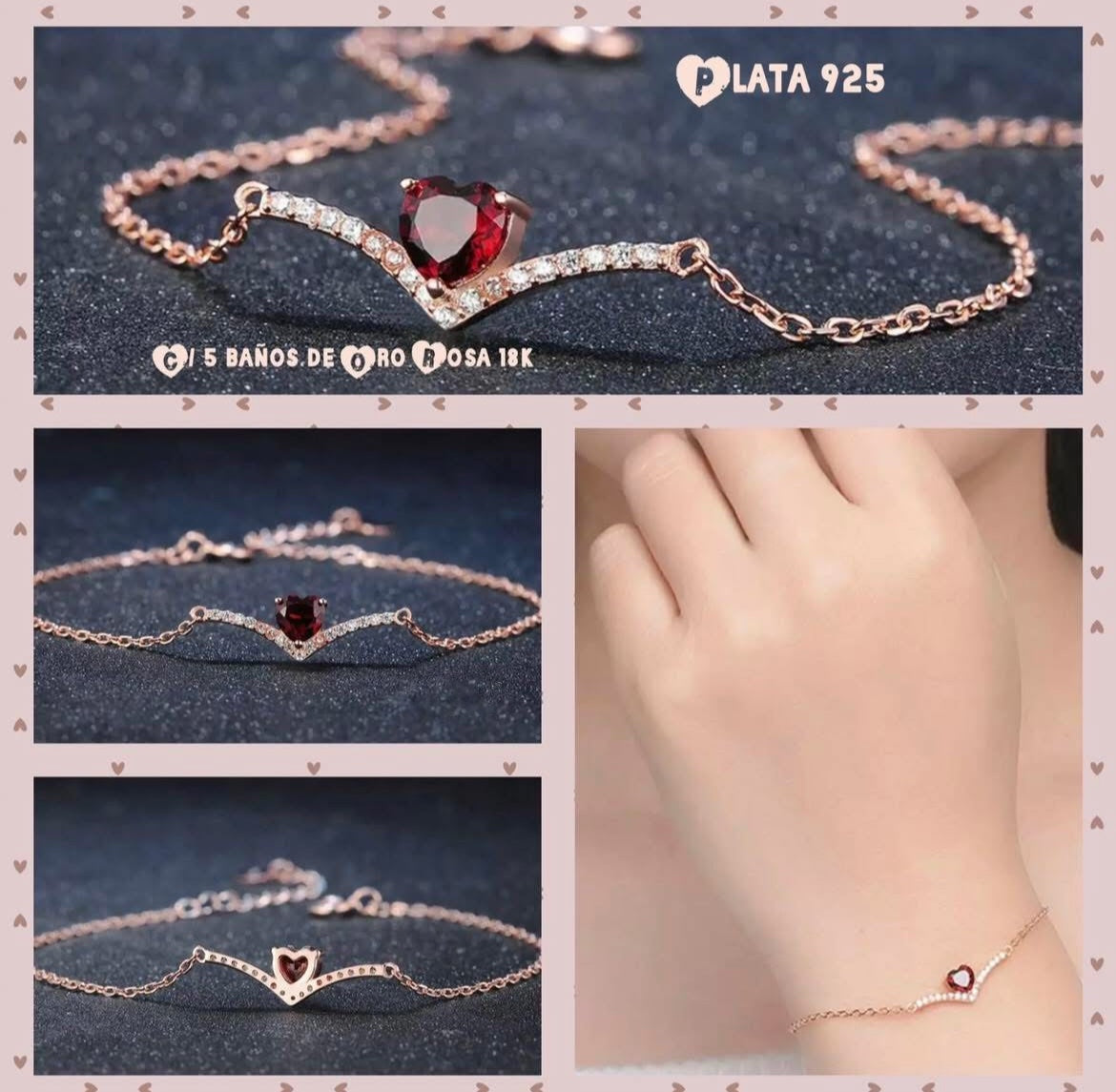 Pulsera de Plata 925 bañada en Oro Rosa con Corazón de Granate Rojo y Zirconias