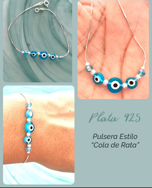 Pulsera de Plata 925 estilo Cola de Rata con Ojo Turco de Vidrio