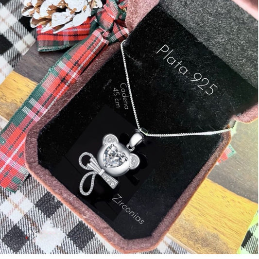 Dije y Cadena de Plata 925 modelo Oso con Corazón