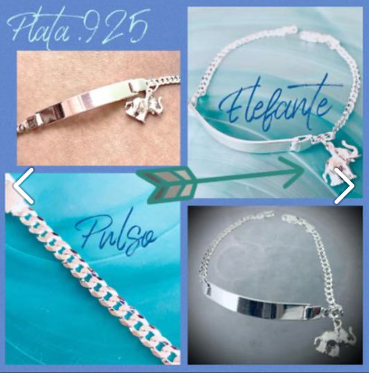 Pulsera / Esclava de Plata 925 Grabable con Dije de Elefante