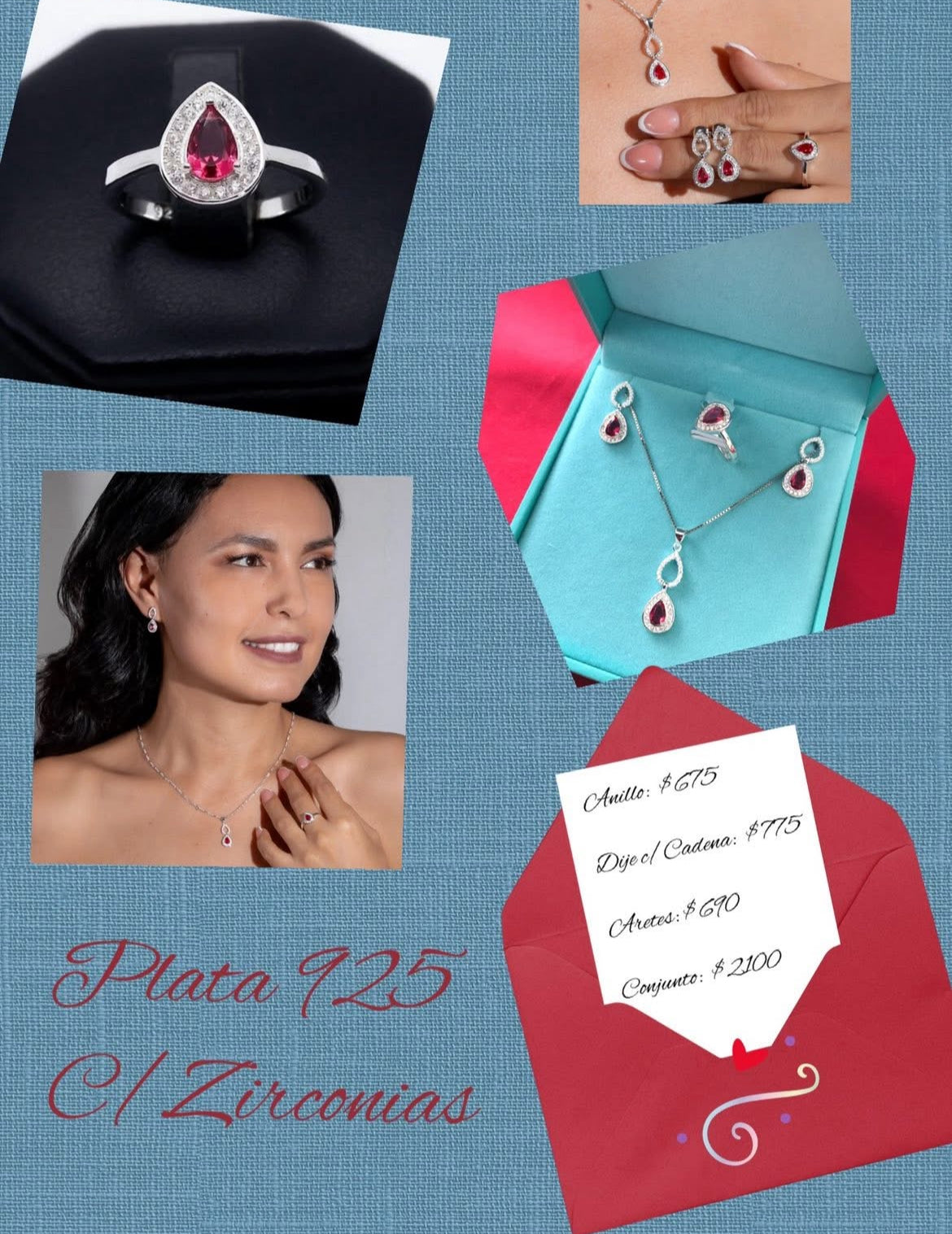 Conjunto de Anillos, Aretes, y Dije c/Cadena con Zirconias