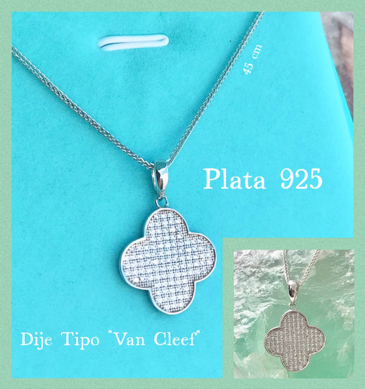 Dije y Cadena de Plata 925 con Zirconias modelo Trébol Van Cl e e f
