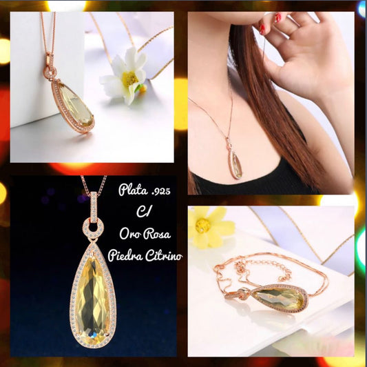 Cadena de Plata 925 y Dije con Citrino, Bañados en Oro Rosa