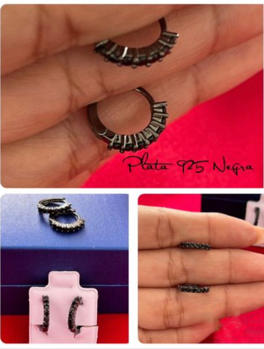 Huggies de Plata 925 Negra y Zirconias