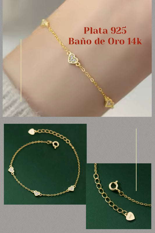 Pulsera de Plata 925 con Baño de Oro 14k y Zirconias, modelo Corazones