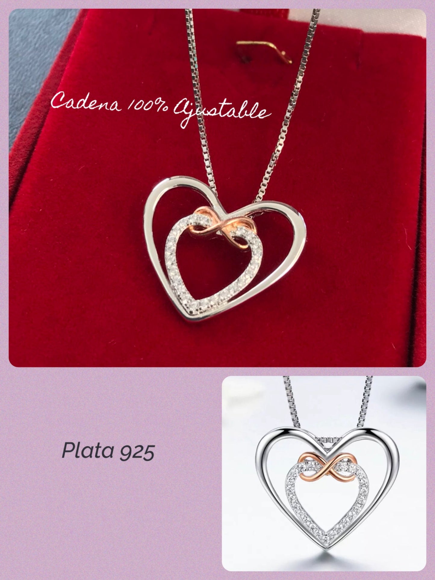 Dije y Cadena de Plata 925, con baño de Oro Rosa y Zirconias, modelo Corazón Infinito