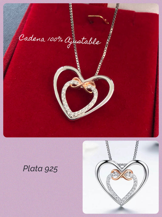 Dije y Cadena de Plata 925, con baño de Oro Rosa y Zirconias, modelo Corazón Infinito
