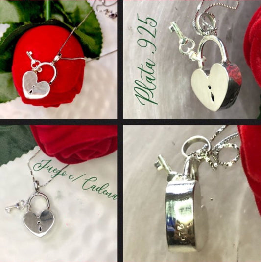 Dije y Cadena de Plata 925, con Candado de Corazón