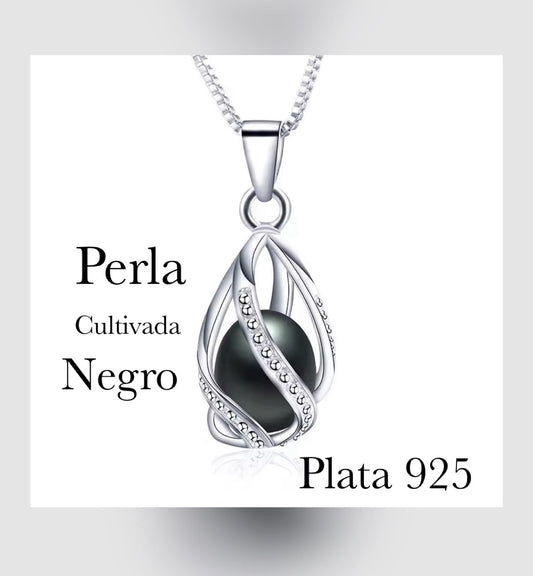 Dije y Cadena de Plata 925 con Perla Cultivada Negra y Zirconias