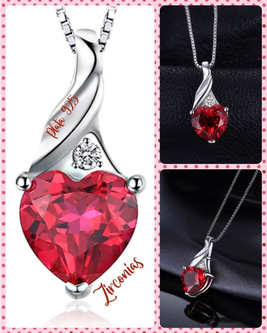 Cadena y Dije de Plata 925, con Zirconias, modelo Corazón