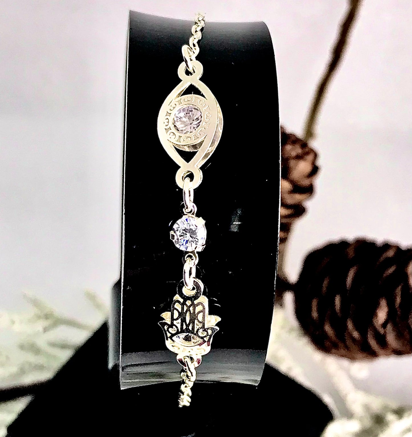 Pulsera de Plata 925 con Zirconia, modelo con Ojo Turco y Mano de Fátima