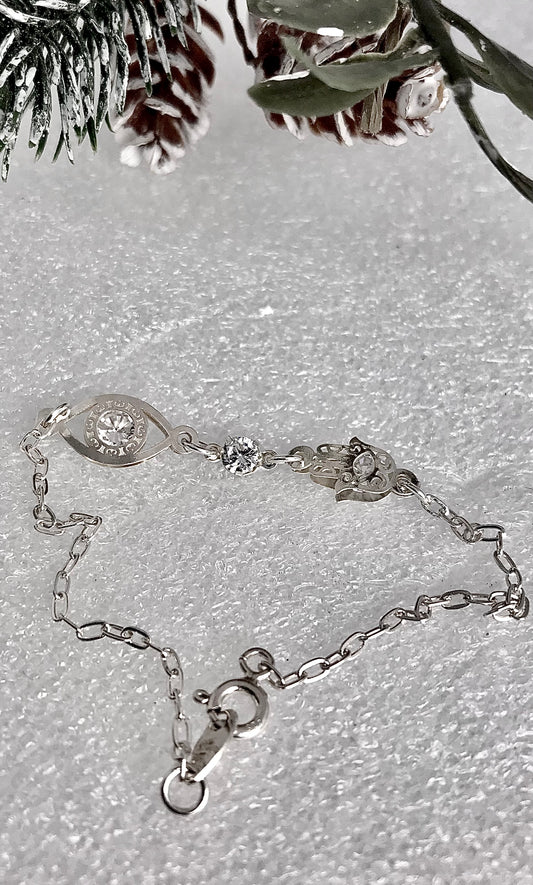 Pulsera de Plata 925 con Zirconia, modelo con Ojo Turco y Mano de Fátima