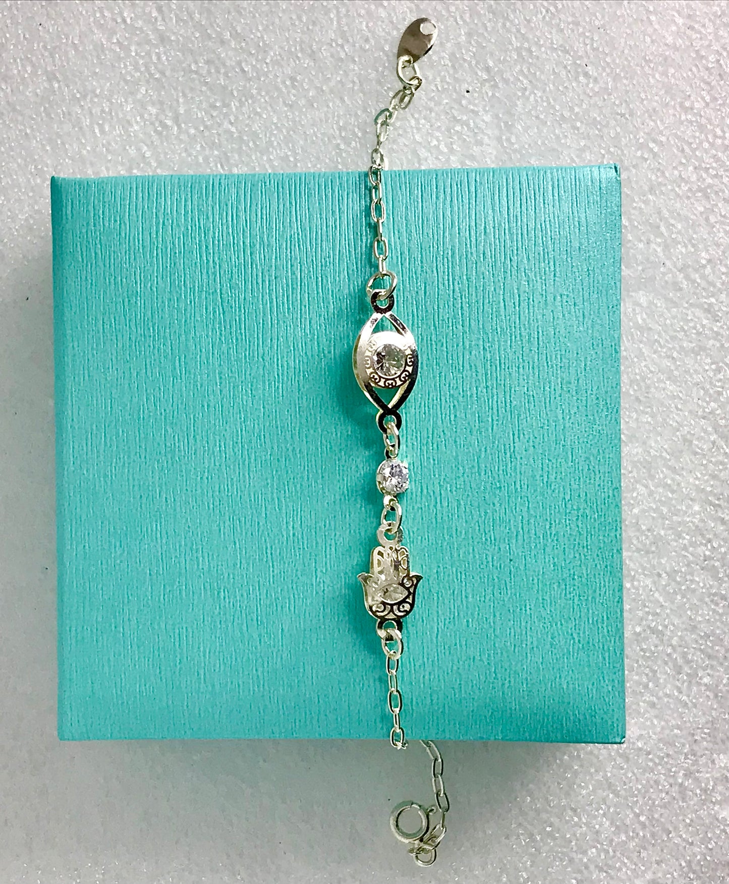 Pulsera de Plata 925 con Zirconia, modelo con Ojo Turco y Mano de Fátima