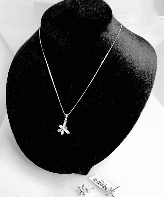 Juego de Cadena, Dije, y Aretes de Plata 925 con Zirconias, modelo Libélulas