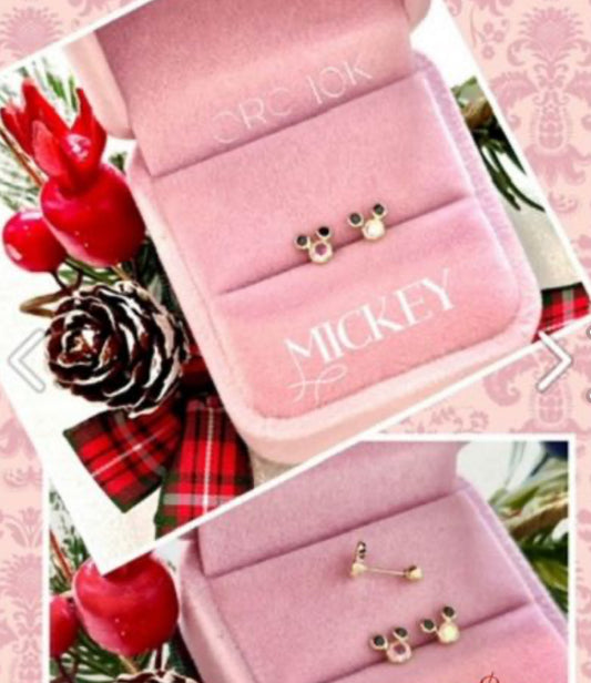 Broqueles de Oro de 10k, con Zirconias, modelo Mickey Mouse