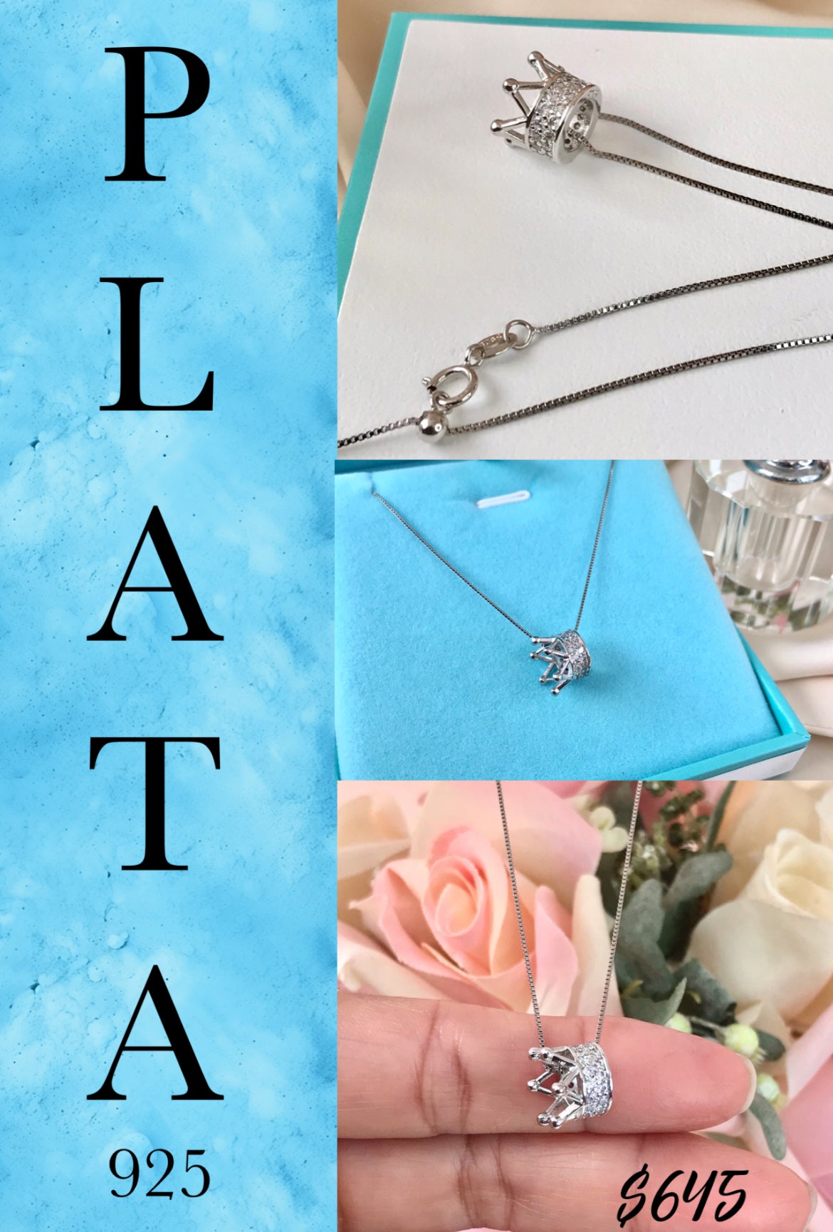 Dije y Cadena de Plata 925 con Zirconias, modelo Corona