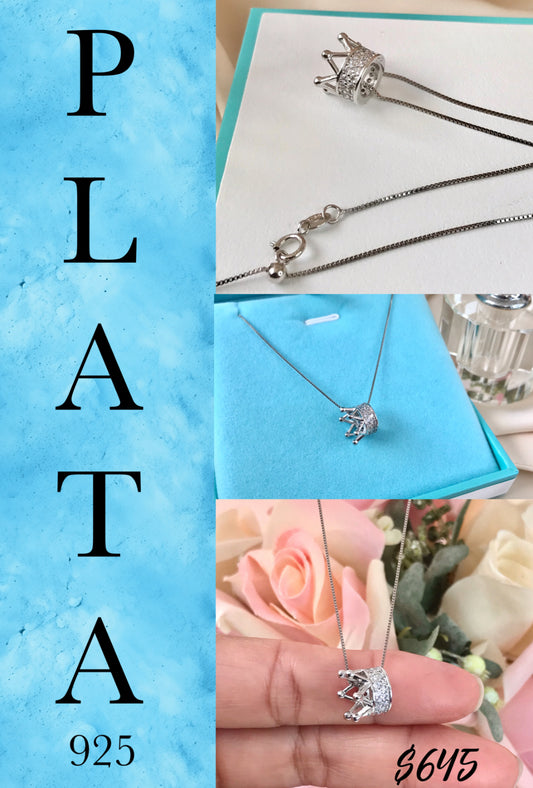 Dije y Cadena de Plata 925 con Zirconias, modelo Corona