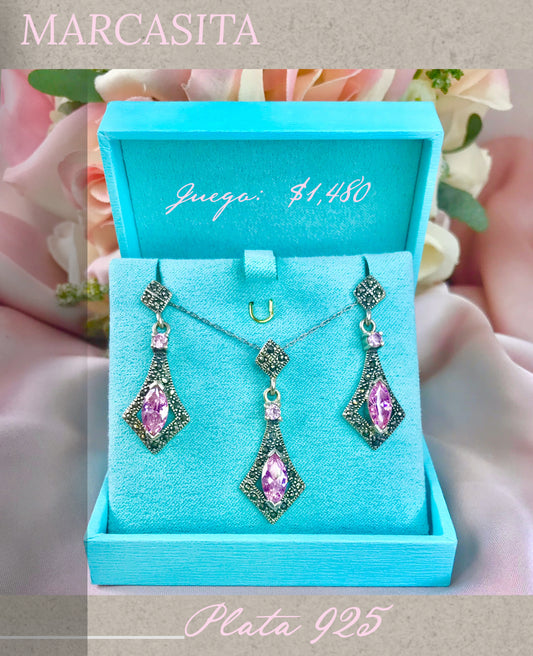 Juego de Cadena, Aretes, y Dije de Plata 925 con Marcasita Negra y Zirconias