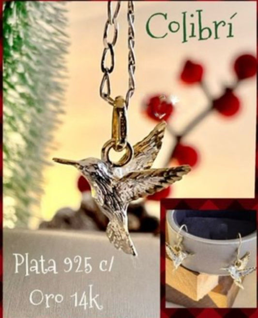 Dije de Colibrí con Cadena, de Plata 925 con Baño de Oro 14k,