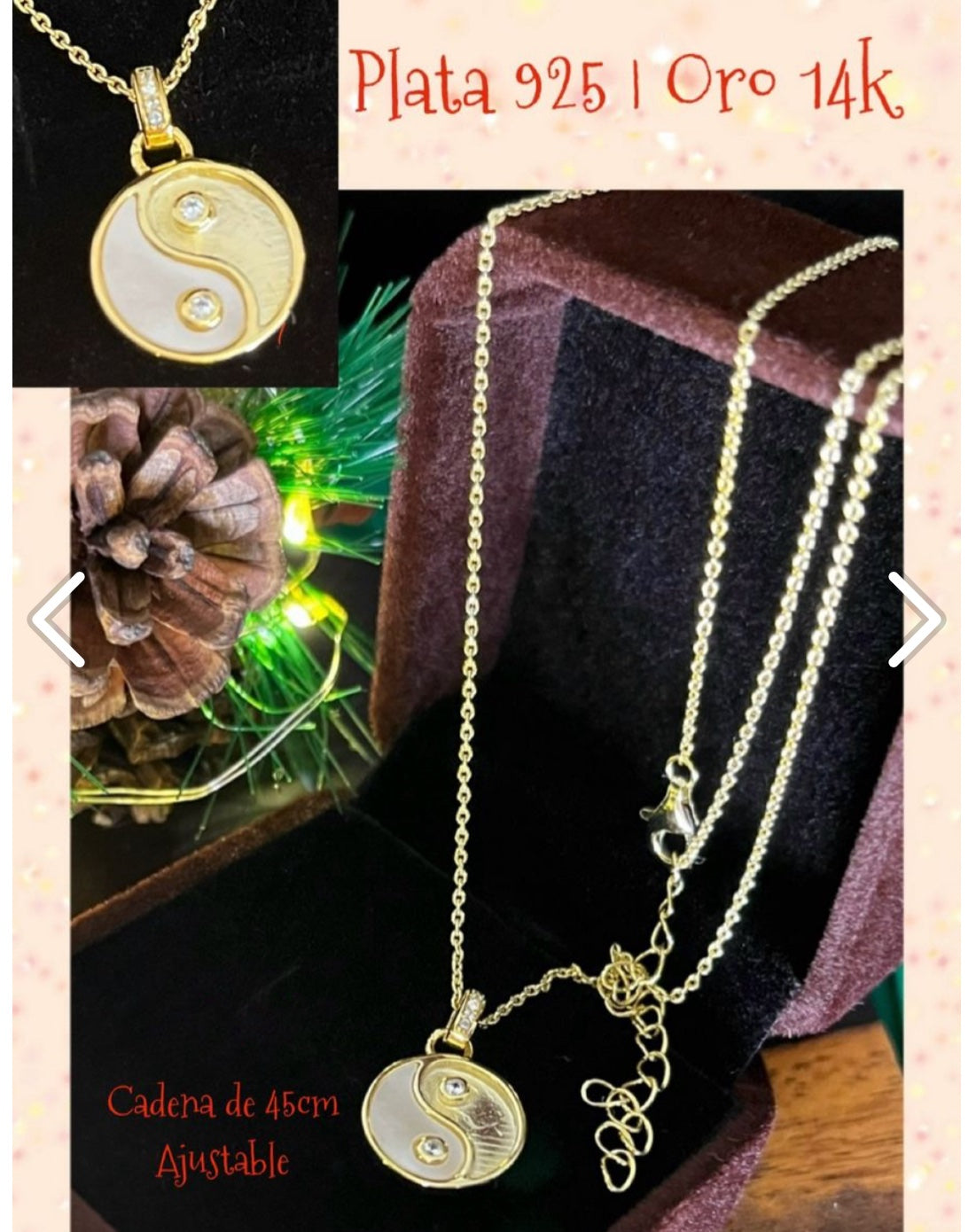 Dije y Cadena de Plata 925 con baño de Oro 14k, modelo Ying & Yang