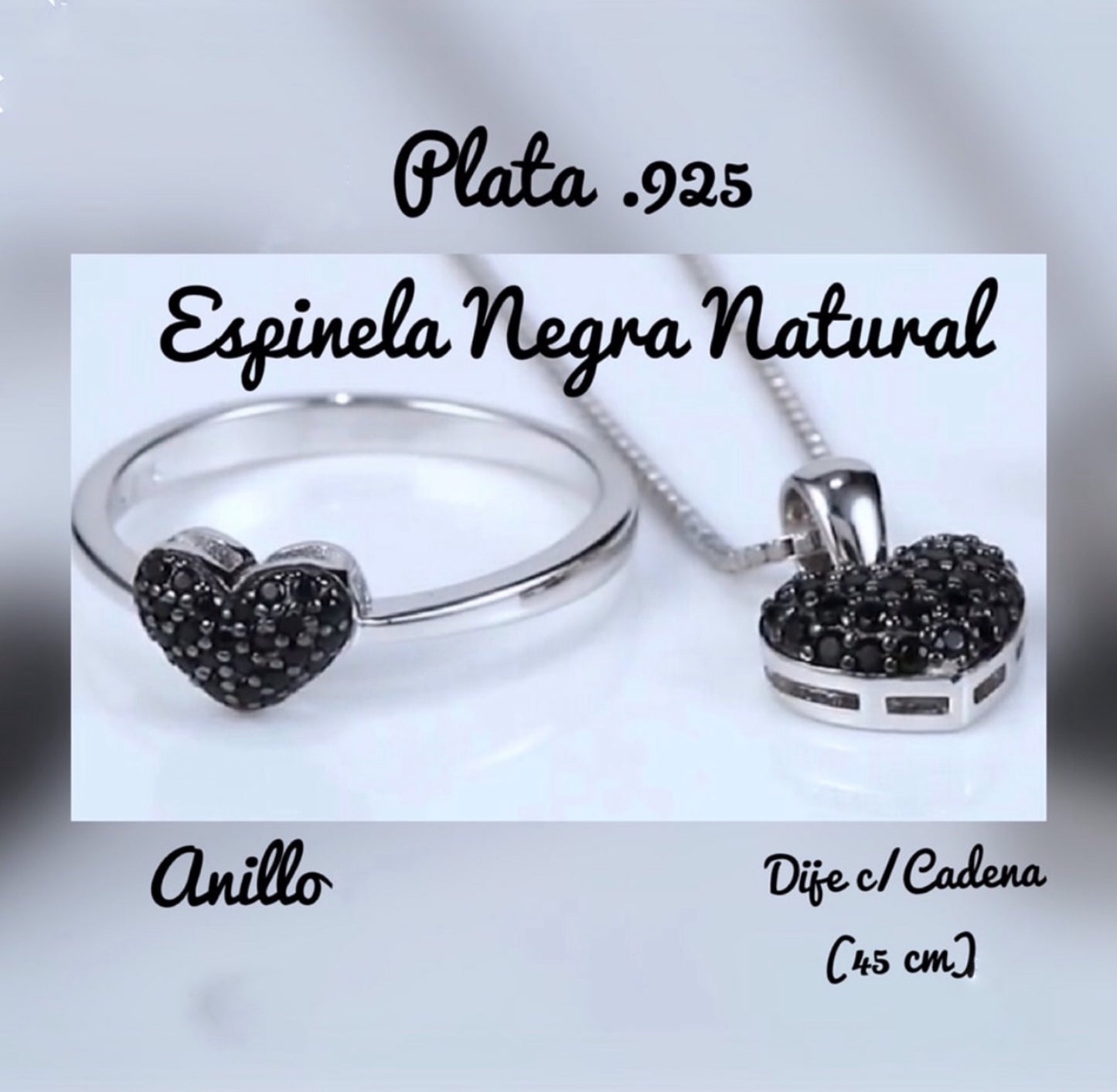 Dije con Espinela Negra y cadena de Plata 925, modelo Corazón