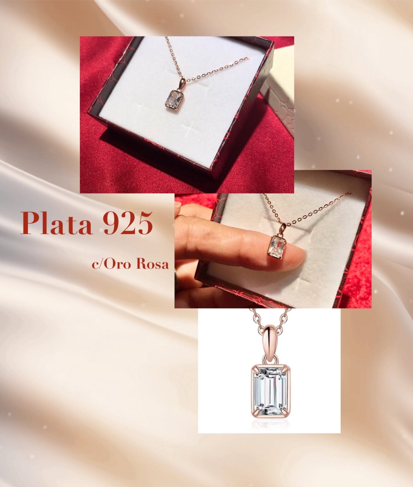 Cadena de Plata con Dije, bañados en Oro Rosa, con Zirconia modelo Minimalista