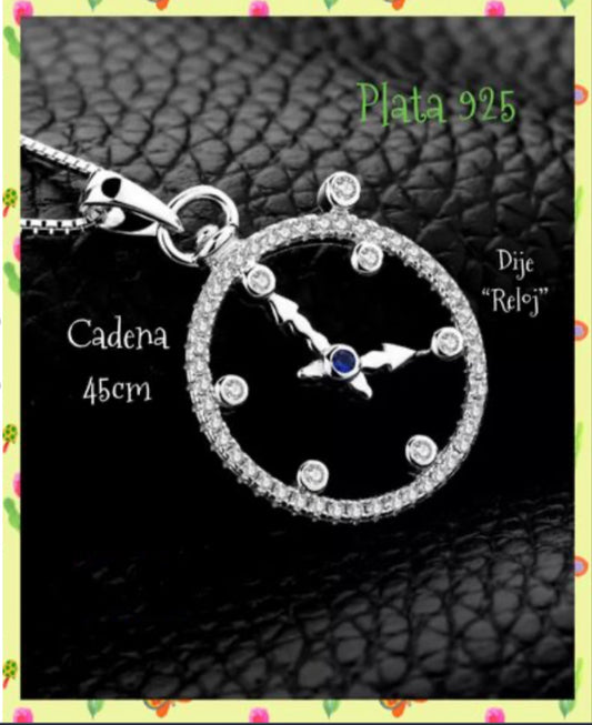 Dije y Cadena de Plata 925 con Zirconias modelo Reloj