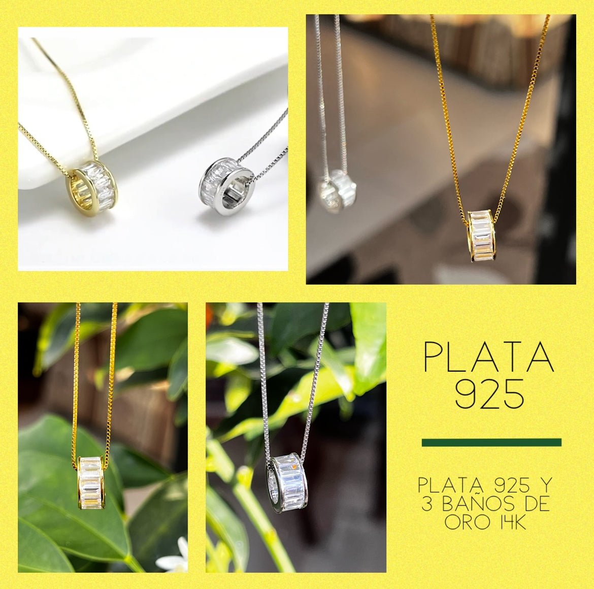 Dije y Cadena de Plata 925, con baño de Oro de 14k, y Baguettes