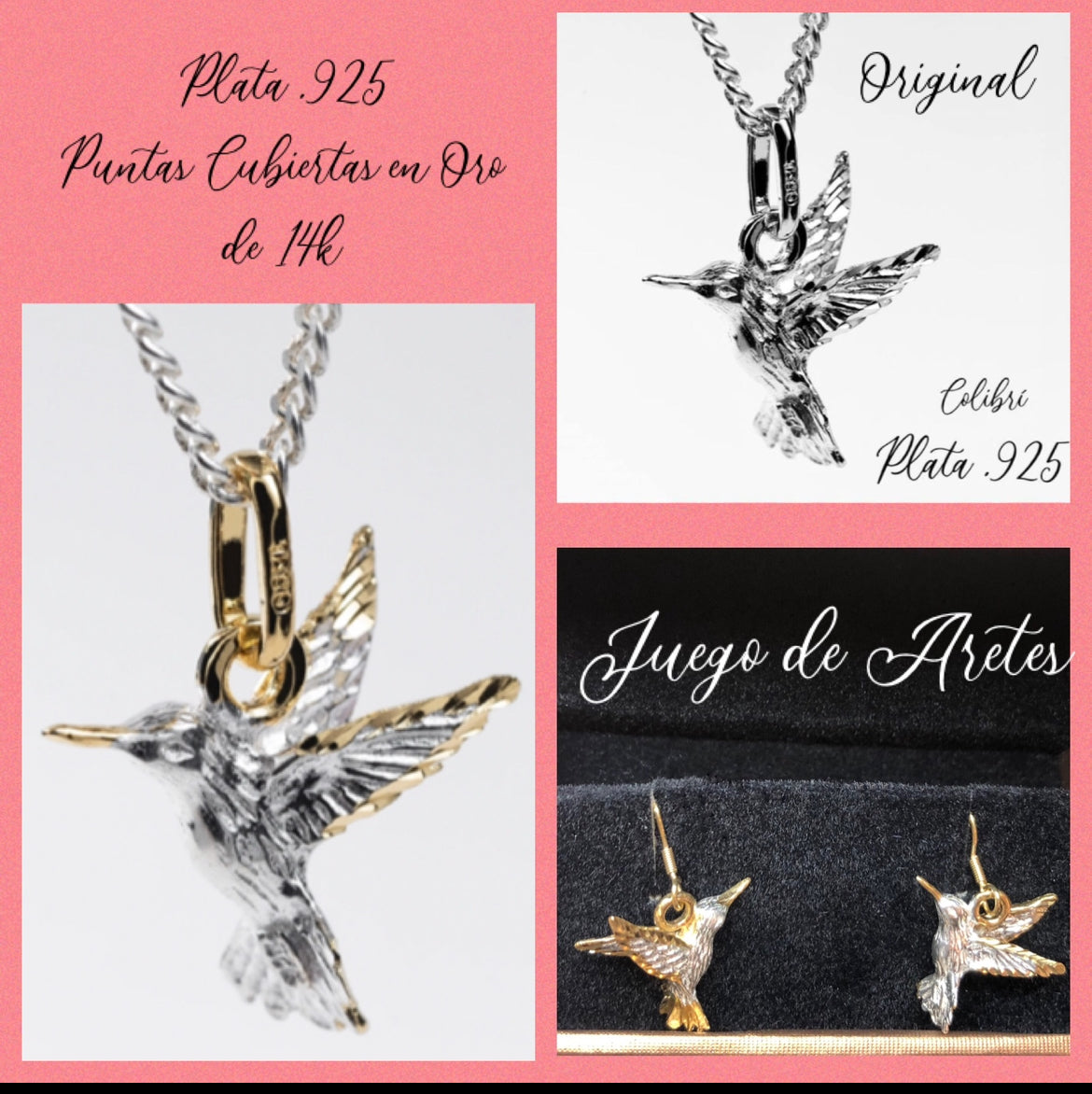 Aretes de Plata 925 con Orillas bañadas en Oro de 14k modelo Colibrí