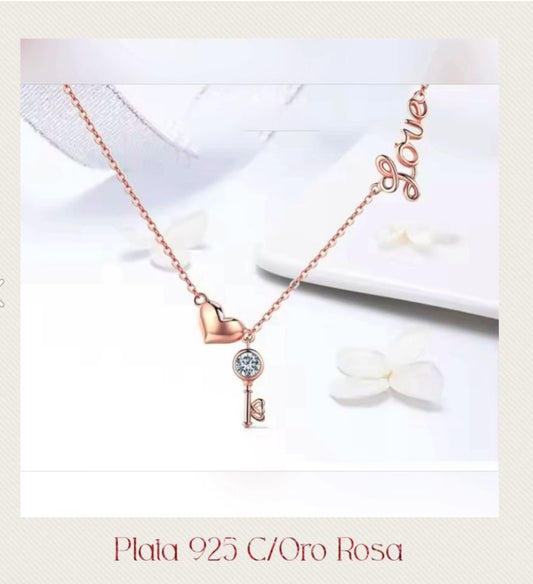 Collar de Plata 925, bañado en Oro Rosa, modelo Llave de Corazón